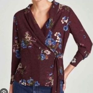Beautiful French Style Burgundy Floral Wrap Blouse Size L